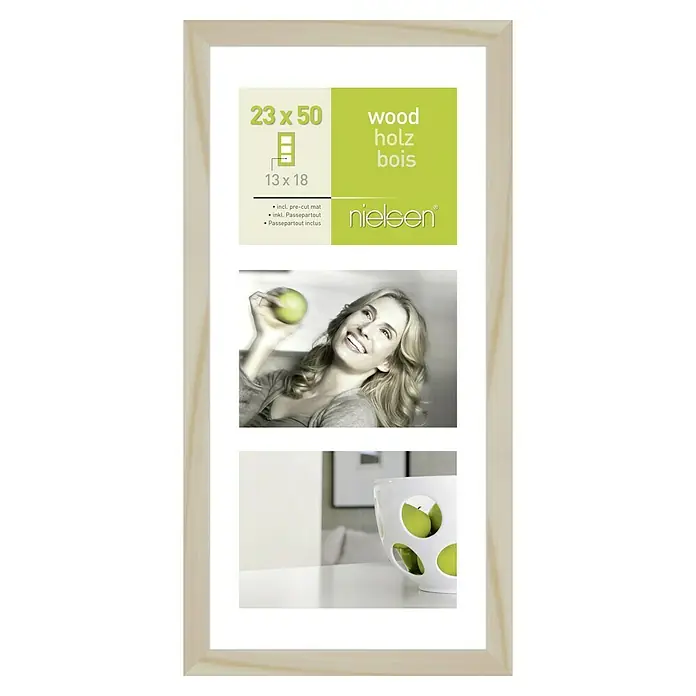 Nielsen Collagerahmen Apollo - Anzahl Fotoplatzhalter: 3 Stk., Natur, Glas - Ein Nielsen-Holzrahmen für drei Bilder (23x50 cm) mit Passepartout, ideal für die Präsentation von Fotos und Kunstwerken.