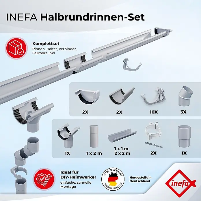 Inefa Dachrinne 5m Set PVC NW125 / 125mm Halbrund Gartenhaus Grau - Nennweite: 125 mm, Länge: 500 cm, Kunststoff, Silber - INEFA Halbrundrinnen-Set: Hellgraues Kunststoff-Regenrinnen-Komplettset mit Rinnen, Haltern, Verbindern und Fallrohren für einfache DIY-Montage.