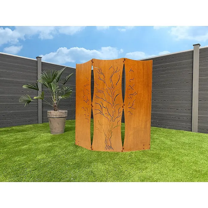 Home Deluxe Sichtschutzelement TREEFLOW - Stahl, Orange - Abgewinkelter Cortenstahl-Gartenschirm mit Baum-Motiv, bietet dekorativen Sichtschutz im Freien. Rustikales, verwittertes Aussehen.