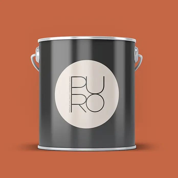 Livingwalls Wandfarbe Rot, Dusty Orange DD126158 2,5l - Orange, Matt, 2,5 l - Dunkelgrauer Metalleimer für Wandfarbe mit silbernem Griff und Rand. Er hat ein rundes, cremefarbenes Etikett mit "PURO PREMIUM WALLPAINT".