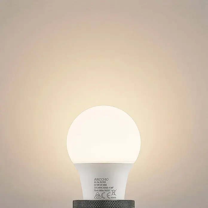 Arcchio LED-Lampe E27 LED 8W - E27, Nicht Dimmbar, Warmweiß, 806 lm, 8 W - Leuchtende weiße LED-Glühbirne mit mattem Glaskolben und grauem Sockel.