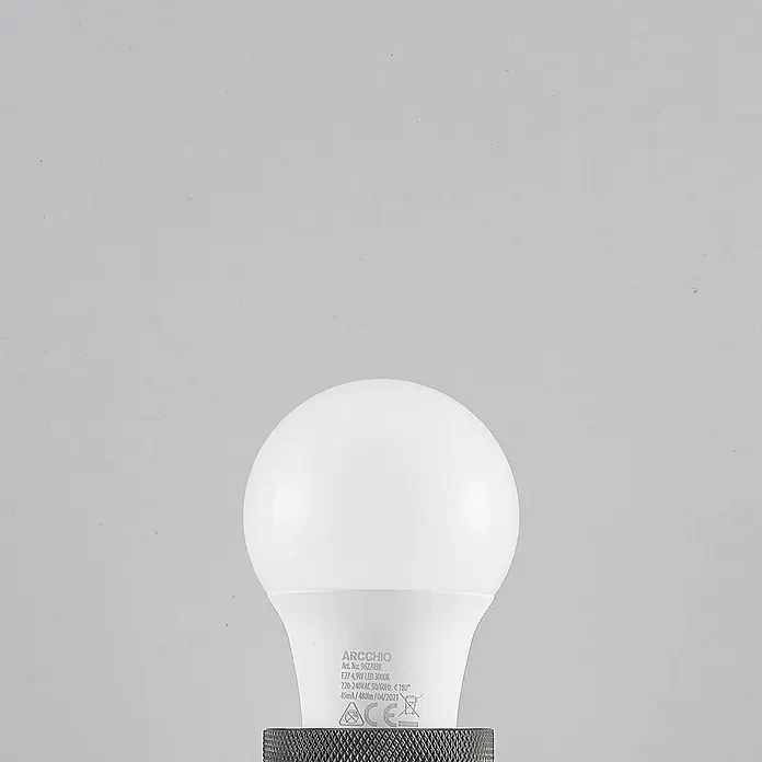 Arcchio LED-Lampe E27 LED 4,9W - E27, Nicht Dimmbar, Warmweiß, 480 lm, 4,9 W - Weiße, mattierte LED-Glühbirne mit weißem Sockel, in eine dunkelgraue Fassung geschraubt.