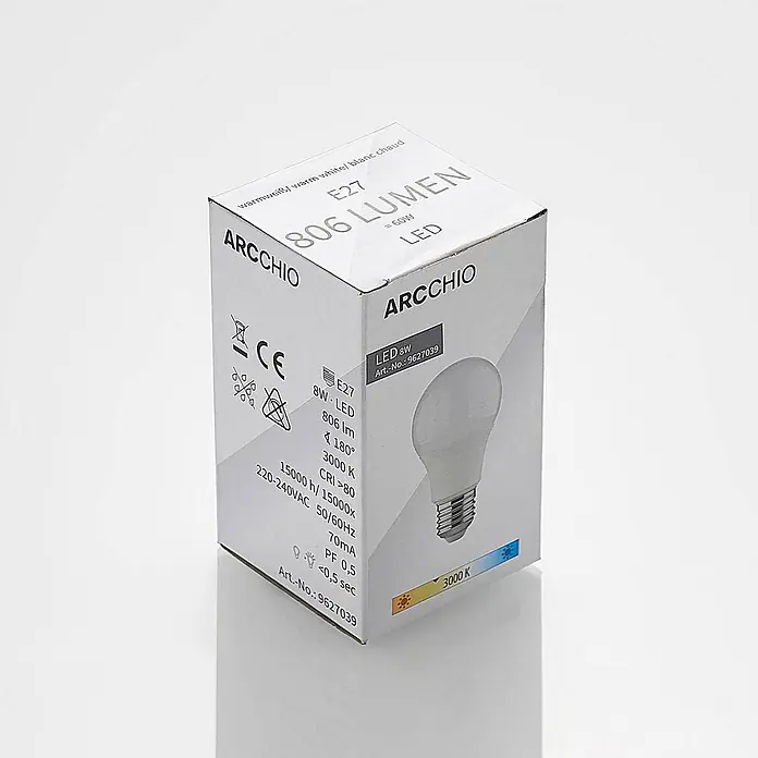 Arcchio LED-Lampe E27 LED 8W - E27, Nicht Dimmbar, Warmweiß, 806 lm, 8 W - Weiße ARCCHIO LED E27 Glühbirne in ihrer weißen Kartonverpackung.
