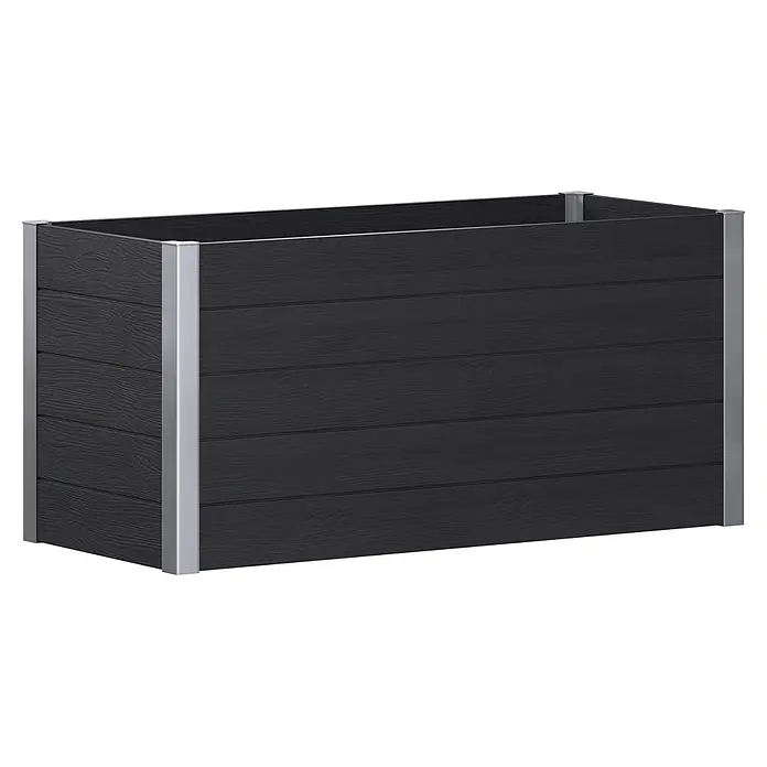 Hochbeet WPC - 160 x 75 x 70 cm, Verbundwerkstoff, Anthrazit - Dunkelgrauer rechteckiger Pflanzkasten in Holzoptik mit silbernen Metalleckstützen.