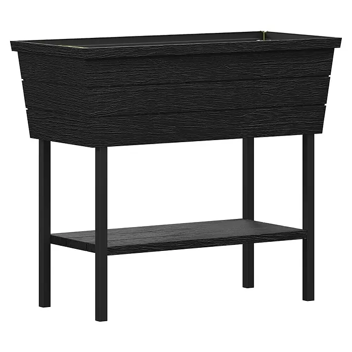 Keter Hochbeet Urban Bloomer - 82 x 38 x 78 cm, Kunststoff, Anthrazit - Schwarzes, strukturiertes Hochbeet auf Ständer mit Ablage, kleine grüne Triebe sichtbar.