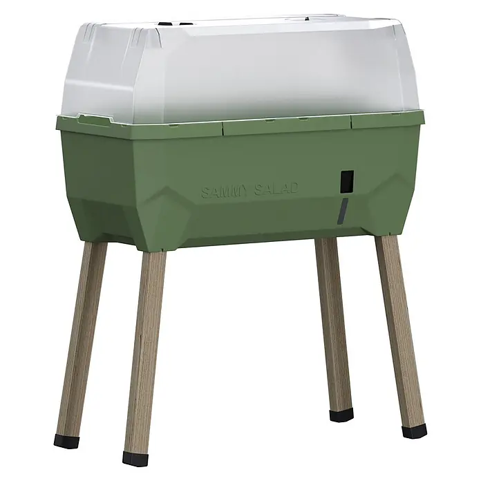 Gusta Garden Hochbeet Sammy Salad - 79 x 37,5 x 95 cm, Kunststoff, Dunkelgrün - Grünes Hochbeet mit transparenter Abdeckung und Holzbeinen, zum Anbau von Salaten oder Kräutern.