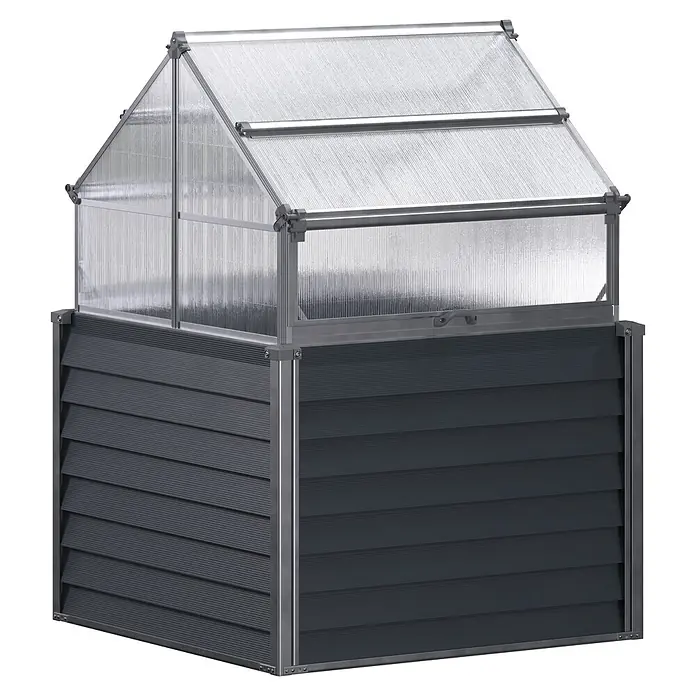 Westmann Hochbeet Store & Grow - 120 x 120 x 169 cm, Stahl, Anthrazit - Dunkelgraues Hochbeet mit silberfarbenem Rahmen und durchsichtigem Gewächshausaufsatz.