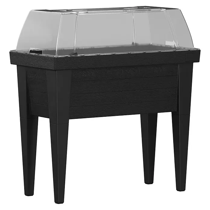 Hochbeet mit Haube - 100 x 50 x 107 cm, Kunststoff, Basalt - Schwarzes Hochbeet in Holzoptik mit vier Beinen und transparentem Schutzdeckel.