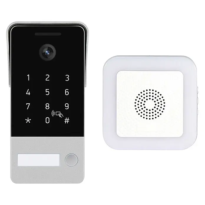 Türsprechanlage HHG Video-Türstation-Set Villa - Weiß, Schwarz - Schwarz-graue Smart-Türklingel mit Tastatur, Kamera und Zugangskontrolle. Gepaart mit einer weißen quadratischen Innensprechanlage.
