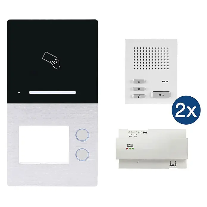 Türsprechanlage HHG Einfamilien-Set Villa AP mit RFID - 1-Familienhaus - Schwarze/silberne Türstation mit Kartenleser, zwei weiße Innen-Sprechanlagen und ein weißes Steuermodul.