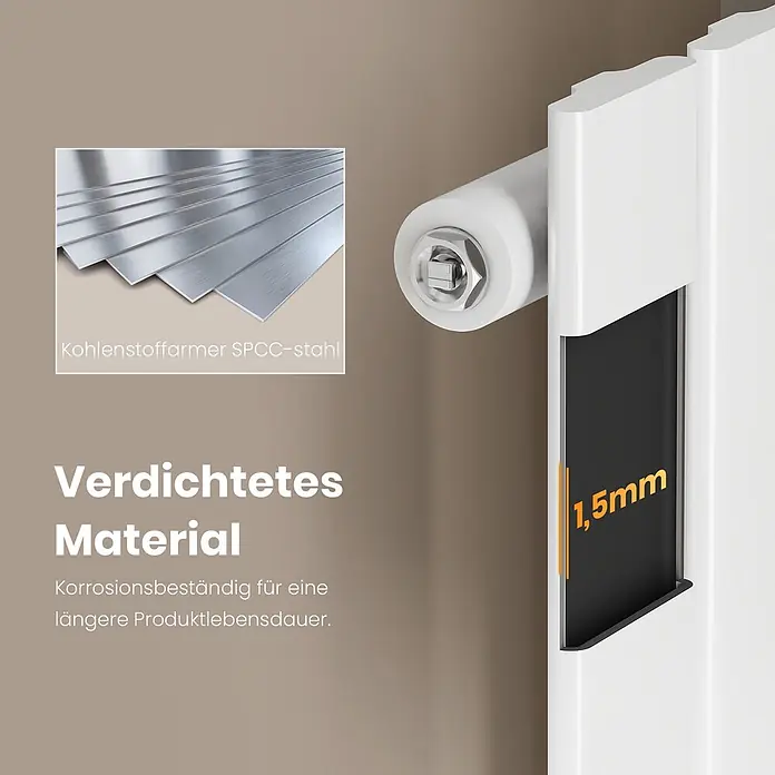 Emke Designheizkörper Flatrad FR - Wärmeleistung bei Vorlauftemperatur von 75 °C (D: 50): 730 W, Weiß - Heizkörper aus 1,5 mm dickem, korrosionsbeständigem SPCC-Stahl für lange Haltbarkeit.