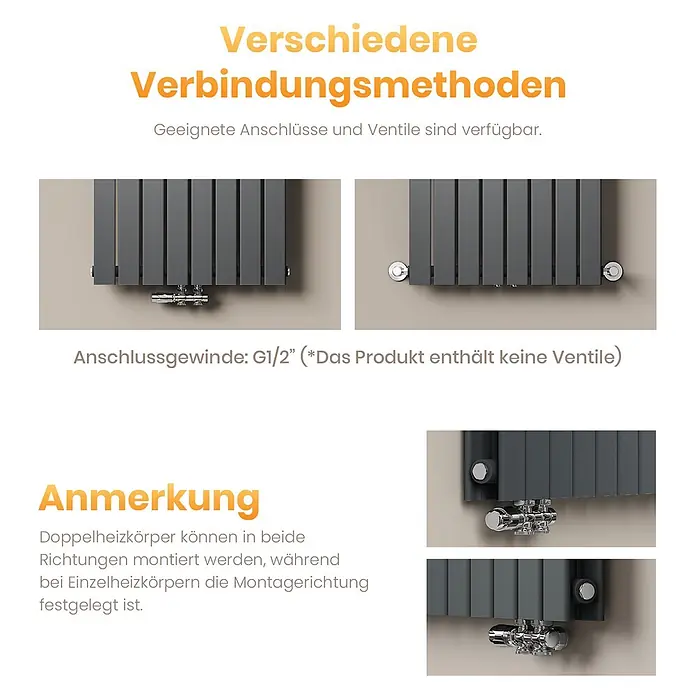 Emke Designheizkörper Flatrad FR - B x H: 30 x 60 cm, Wärmeleistung bei Vorlauftemperatur von 75 °C (D: 50): 233 W, Anthrazit - Dunkelgrauer Heizkörper mit verschiedenen Anschlussmöglichkeiten, z.B. mittig unten und seitlich. G1/2" Gewinde; Ventile nicht enthalten.