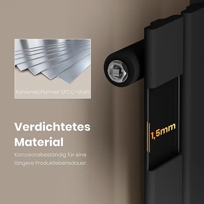 Emke Designheizkörper Flatrad FR - Wärmeleistung bei Vorlauftemperatur von 75 °C (D: 50): 557 W, Schwarz - Schwarzes Heizelement aus 1,5 mm kohlenstoffarmem SPCC-Stahl, korrosionsbeständig für lange Lebensdauer.
