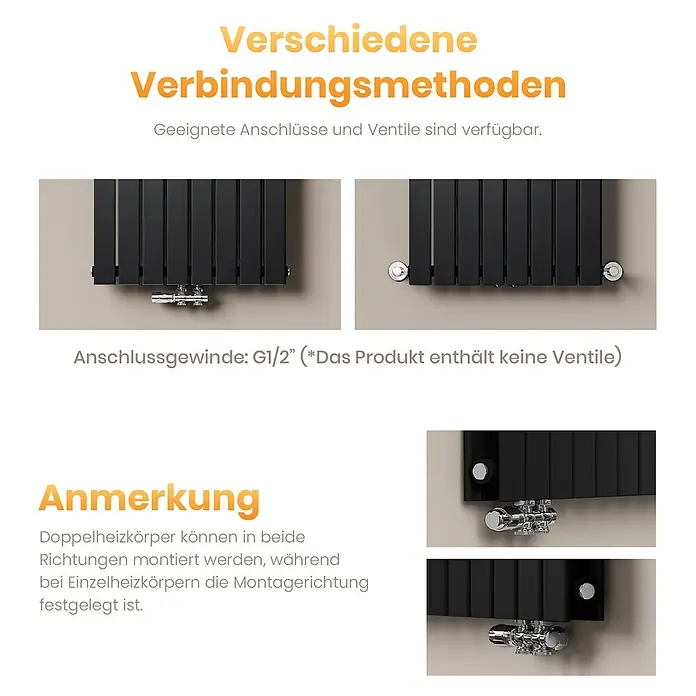 Emke Designheizkörper Flatrad FR - Wärmeleistung bei Vorlauftemperatur von 75 °C (D: 50): 557 W, Schwarz - Schwarzer Flachheizkörper mit verschiedenen Anschlussmöglichkeiten und Ventilen.
