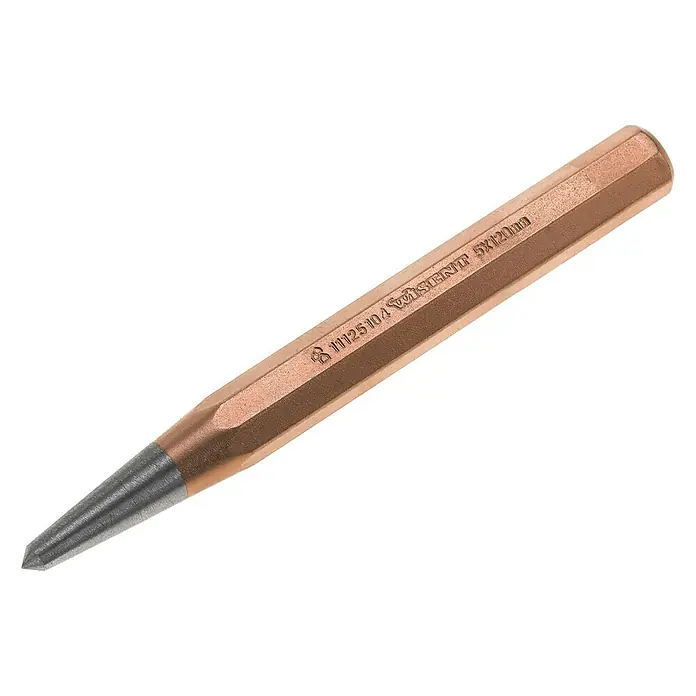 Wisent Körner - 120 mm, 8-Kant - Ein Stechbeitel der Marke Wisent, 5x120mm mit einer sechseckigen braunen Griffmulde und einer spitzen Stahlspitze für präzise Arbeiten.