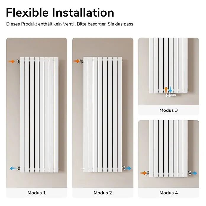 Emke Designheizkörper Flatrad FR - Wärmeleistung bei Vorlauftemperatur von 75 °C (D: 50): 1.265 W, Weiß - Weißer Heizkörper mit vier flexiblen Installationsmodi und verschiedenen Anschlussoptionen für Warmwassersysteme.