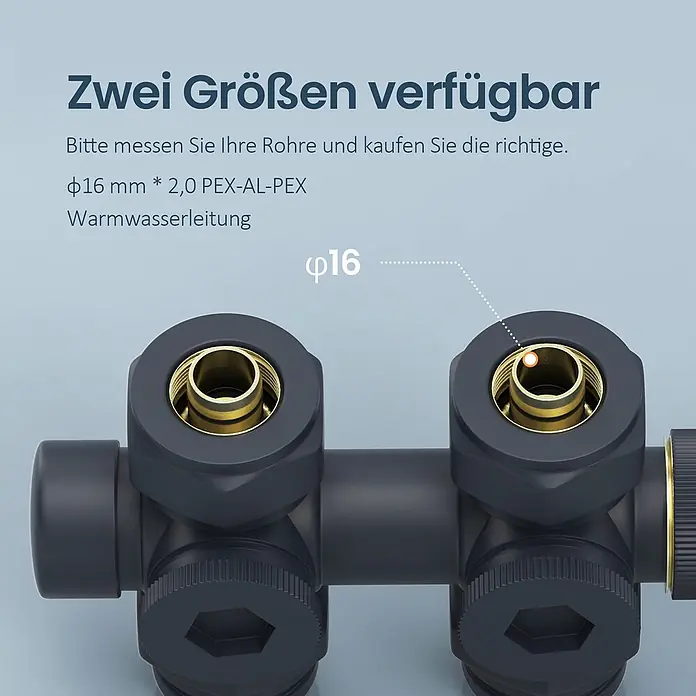 Emke Thermostatventil HTR - Durchgangsventil - Dunkelgrauer Rohrverteiler mit goldenen Anschlüssen für φ16 PEX-AL-PEX Warmwasserleitungen. Zwei Größen verfügbar.
