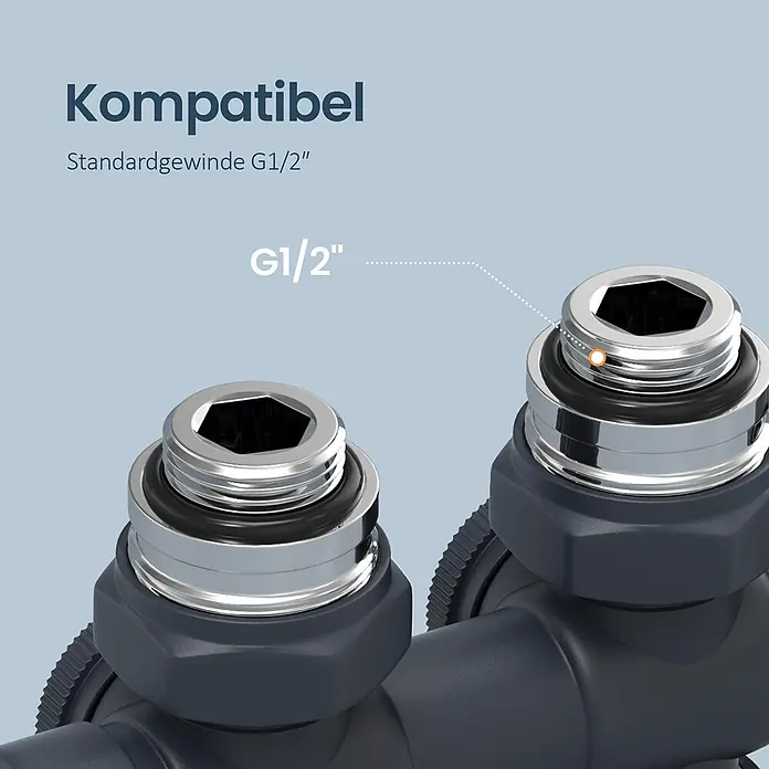 Emke Thermostatventil HTR - Durchgangsventil - Zwei verchromte G1/2"-Gewindefittings mit schwarzen O-Ringen auf dunkelgrauen Sanitärkomponenten.