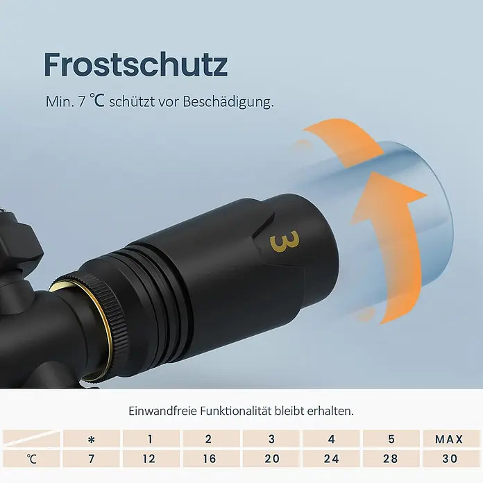 Emke Thermostatventil HTR - Durchgangsventil - Schwarzes Thermostatventil für Heizkörper mit Einstellungsanzeige "3", das Frostschutz und Temperaturstufen zeigt.