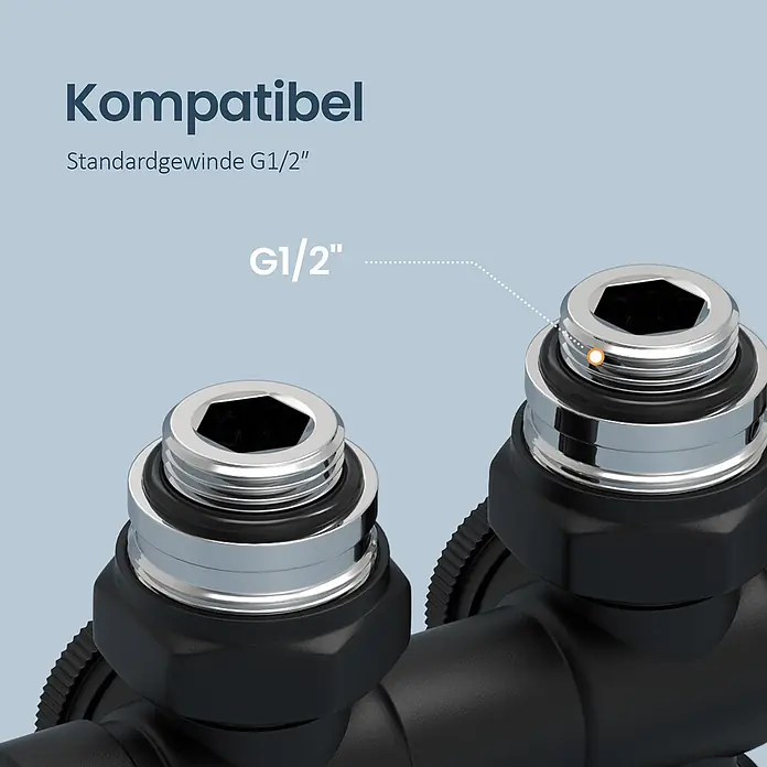Emke Thermostatventil HTR - Durchgangsventil - Zwei verchromte G1/2"-Standardgewindeanschlüsse mit Sechskantantrieb, Betonung der Kompatibilität.
