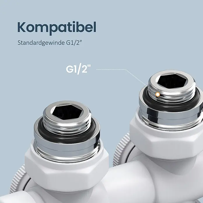 Emke Thermostatventil HTR - Durchgangsventil - Nahaufnahme eines verchromten G1/2" Gewindeanschlusses auf einem weißen Kunststofffitting. Betont Standardgewinde-Kompatibilität.