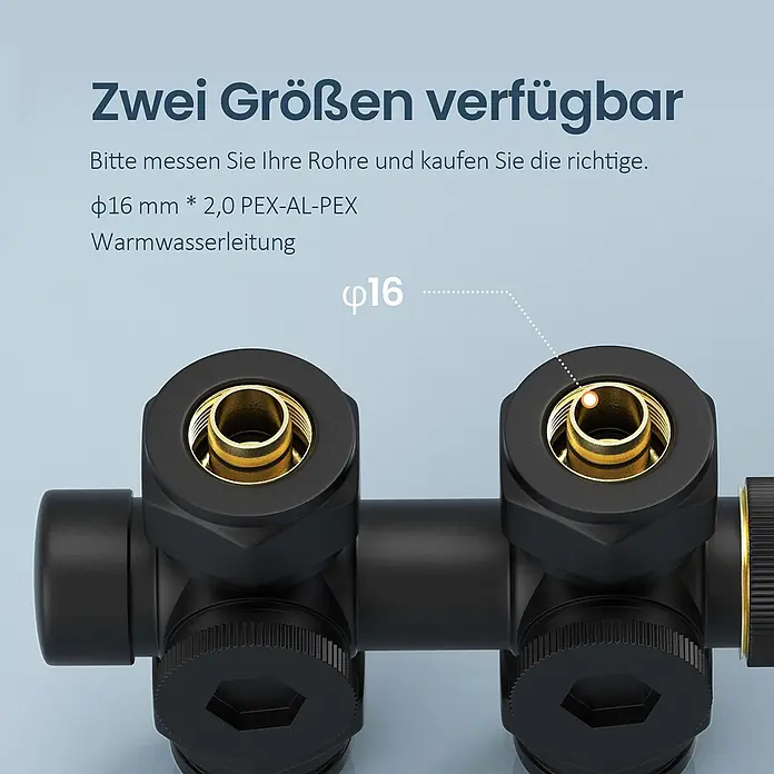 Emke Thermostatventil HTR - Durchgangsventil - Schwarze Rohrverbinder mit Messingeinsätzen für φ16 PEX-AL-PEX Warmwasserleitungen.
