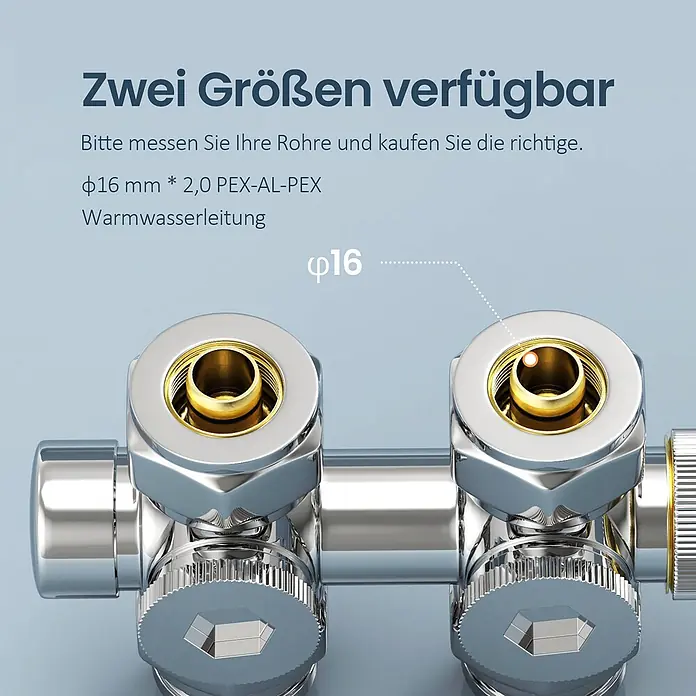 Emke Thermostatventil HTR - Durchgangsventil - Glänzende Chrom- und Gold-PEX-AL-PEX Warmwasserrohrverbindung, zeigt einen 16mm Anschluss.