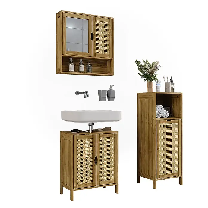 Vicco Badmöbel-Set Liora Bambus 3 Teile - Bambus, Matt - Dreiteiliges Badezimmermöbel-Set aus Naturholz und Rattan, bestehend aus Wandschrank, Waschtisch mit Waschbecken und Hochschrank.