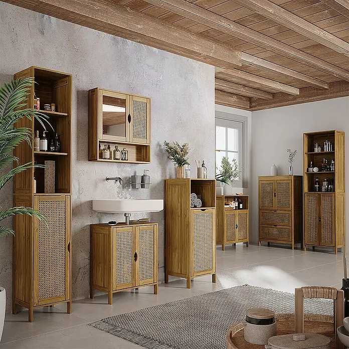 Vicco Badmöbel-Set Liora Bambus 3 Teile - Bambus, Matt - Badezimmermöbel-Set aus Naturholz und Rohrgeflecht, bietet Stauraum und einen Waschtisch in einem hellen Bad.