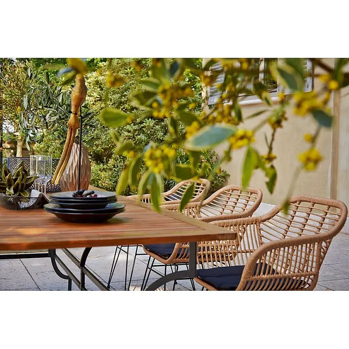 Sunfun Moni Gartentisch - L x B x H: 220 x 100 x 77 cm, Akazie, Stahl, Rechteckig, Natur, Schwarz - Nahaufnahme eines Gartentisches aus Holz mit Rattanstühlen, Geschirr und dekorativen Elementen in einer Gartenszene.