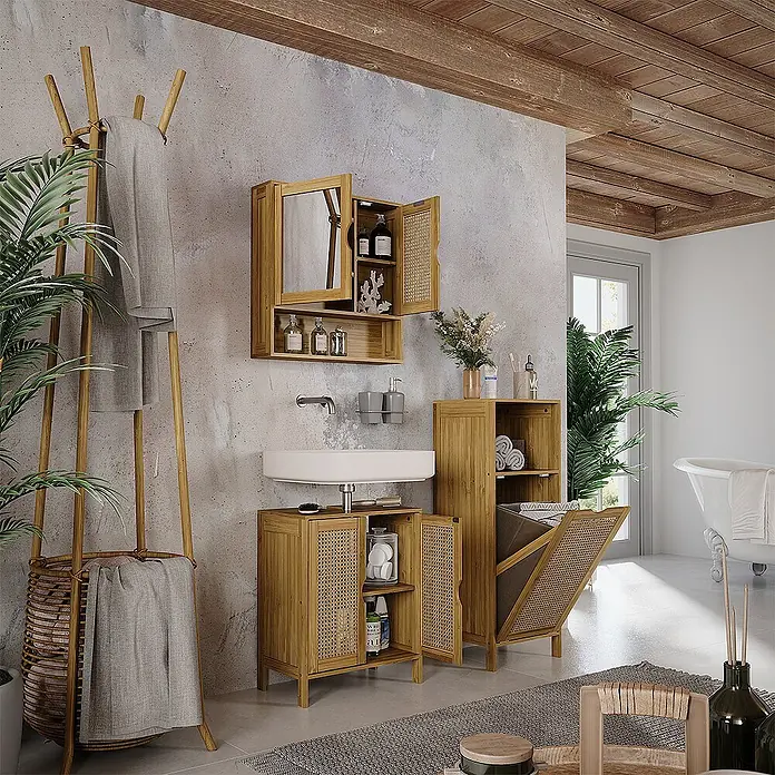 Vicco Badmöbel-Set Liora Bambus 3 Teile - Bambus, Matt - Badezimmermöbel-Set aus Bambus mit Spiegelschrank, Waschtischunterschrank, Aufbewahrungseinheit und Wäschesammler für ein harmonisches Ambiente.
