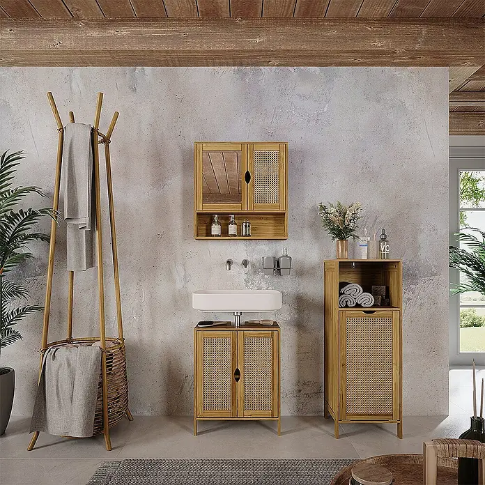 Vicco Badmöbel-Set Liora Bambus 3 Teile - Bambus, Matt - Badezimmermöbel-Set aus Bambus und Rattan: Waschtisch, Wandschrank und Hochschrank in einem naturnahen Badambiente.