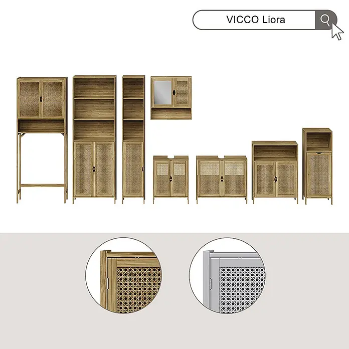 Vicco Badmöbel-Set Liora Bambus 3 Teile - Bambus, Matt - VICCO Liora Badmöbel-Kollektion: Hellholz- und Rattan-Schränke, Regale und Aufbewahrungseinheiten.