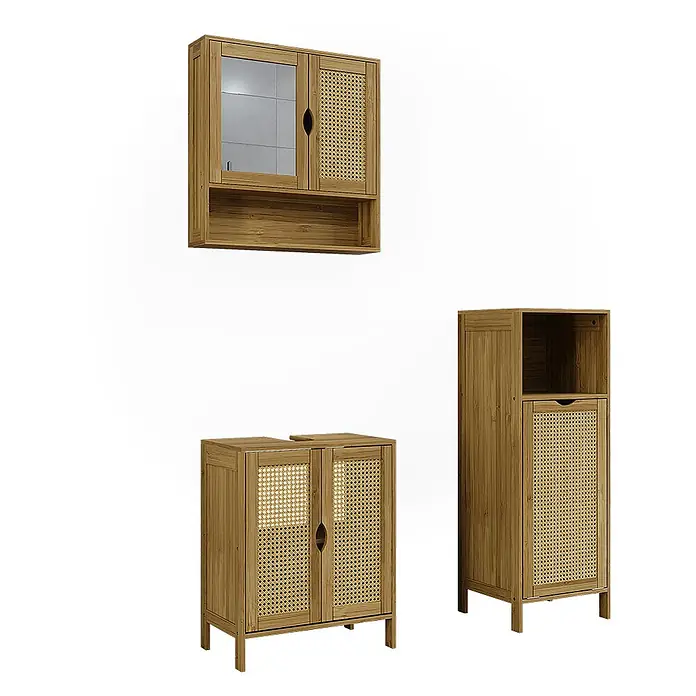 Vicco Badmöbel-Set Liora Bambus 3 Teile - Bambus, Matt - Bambus-Badmöbel-Set: Wandschrank mit Glas- und Rattan-Türen, Waschtischunterschrank mit Rattan-Türen und hoher Schrank mit Rattan-Wäschekorb.