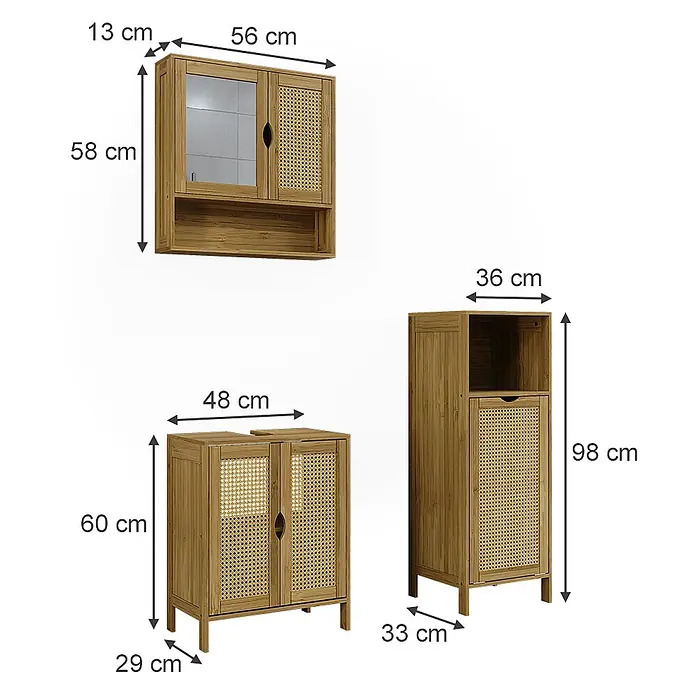 Vicco Badmöbel-Set Liora Bambus 3 Teile - Bambus, Matt - Badmöbel-Set aus Holz mit Rattan-Details und Maßen.