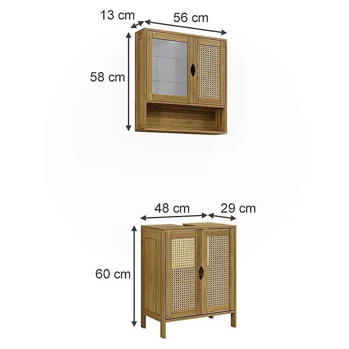 Vicco Badmöbel-Set Liora Bambus 2 Teile - Bambus, Matt - Zwei bambusfarbene Badezimmerschränke aus Holz, einer wandmontiert mit Glas- und Rattantüren, einer stehend mit zwei Rattantüren, Maße angegeben.