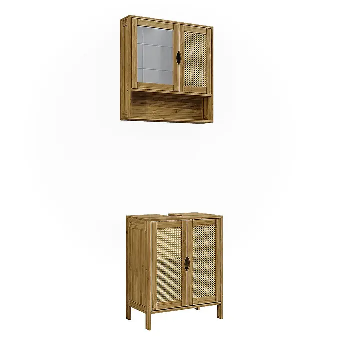 Vicco Badmöbel-Set Liora Bambus 2 Teile - Bambus, Matt - Zwei Badezimmerschränke aus Naturholz mit Rattan-Details; einer wandmontiert mit Spiegeltür, einer stehend als Waschbeckenunterschrank.