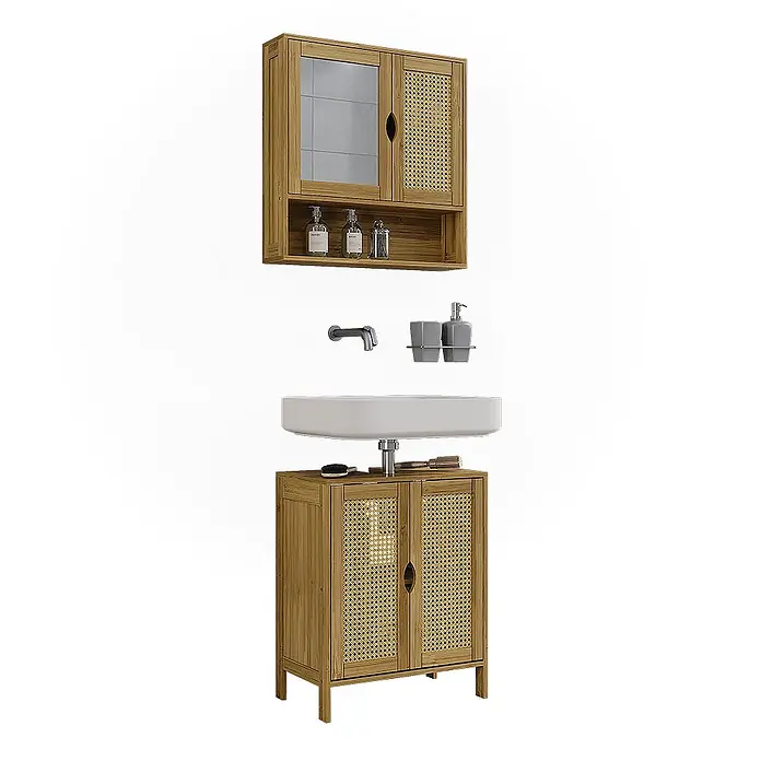 Vicco Badmöbel-Set Liora Bambus 2 Teile - Bambus, Matt - Badezimmer-Waschtischset aus Holz mit Rattan-Details, bestehend aus Spiegelschrank, Waschbecken und Unterschrank.