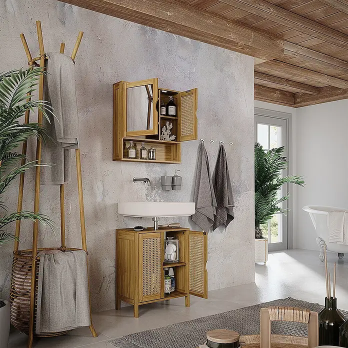 Vicco Badmöbel-Set Liora Bambus 2 Teile - Bambus, Matt - Badezimmerwaschtisch aus Naturholz und Rattan mit Waschbecken und passendem Wandschrank in rustikalem Bad.