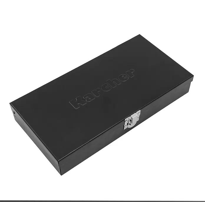 Karcher Werkzeugkoffer - L x B x H: 17,5 x 32 x 6,5 cm, 24 -tlg. - Schwarze, rechteckige Karcher Metallbox mit geprägtem Logo und Metallverschluss.