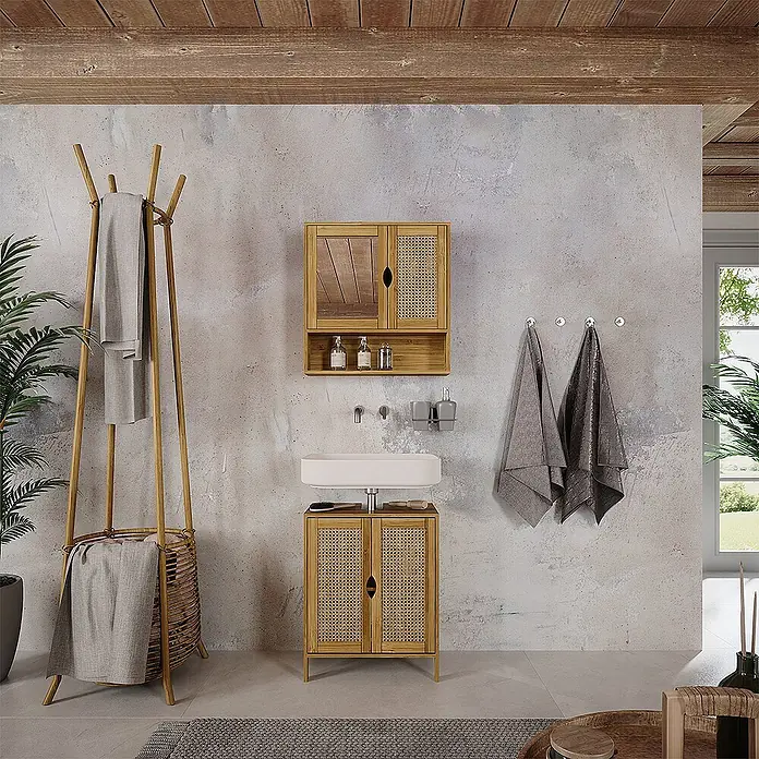 Vicco Badmöbel-Set Liora Bambus 2 Teile - Bambus, Matt - Bambus- und Rattan-Badmöbel mit Waschtisch, Spiegelschrank und Handtuchständer/Wäschekorb in hellem Naturholzton.