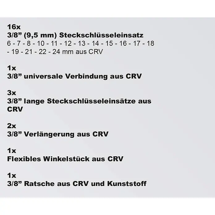 Karcher Werkzeugkoffer - L x B x H: 17,5 x 32 x 6,5 cm, 24 -tlg. - Liste der Komponenten eines 3/8" Steckschlüsselsatzes aus CRV-Stahl mit Stecknüssen (6-24mm), Ratsche, Verlängerungen, Kardangelenk.