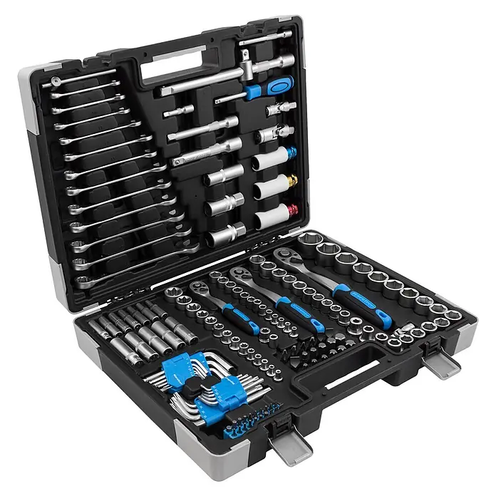 Karcher Werkzeugkoffer - L x B x H: 45,5 x 35,5 x 9,6 cm, 157 -tlg. - Umfassender Werkzeugsatz in schwarzem Koffer mit silbernen Ratschen, Steckschlüsseln, Schraubenschlüsseln und Bits.
