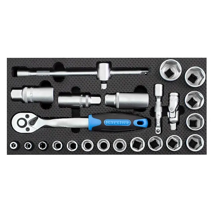 Karcher Werkzeugkoffer - L x B x H: 17,5 x 32 x 6,5 cm, 24 -tlg. - Kärcher Steckschlüsselsatz mit Ratsche, Chrom-Nüssen, Verlängerungen und Adaptern in schwarzer Schaumstoffeinlage.
