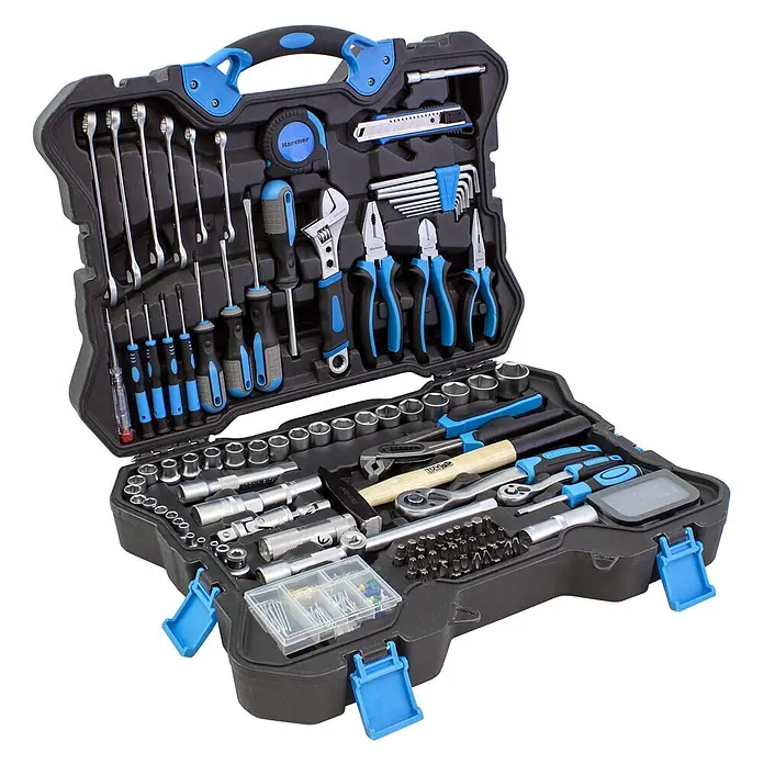 Karcher Werkzeugkoffer - L x B x H: 43,5 x 55 x 15 cm, 135 -tlg. - Offener schwarz-blauer Werkzeugkasten mit Schraubenschlüsseln, Schraubendrehern, Zangen und Steckschlüsseln.