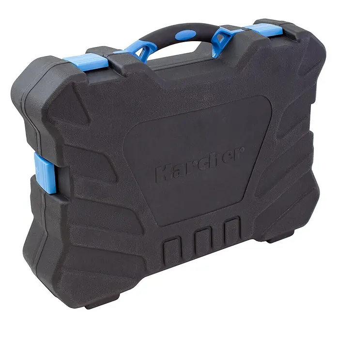 Karcher Werkzeugkoffer - L x B x H: 43,5 x 55 x 15 cm, 135 -tlg. - Robuster schwarzer Karcher Transportkoffer aus Kunststoff mit blauem Griff und Verschlüssen.