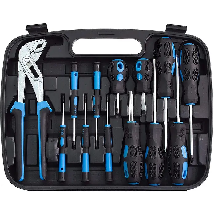 Karcher Werkzeugkoffer - 57 -tlg. - Schwarz-blaues Werkzeugset mit Schraubendrehern und Zange, ordentlich in einem schwarzen Koffer.