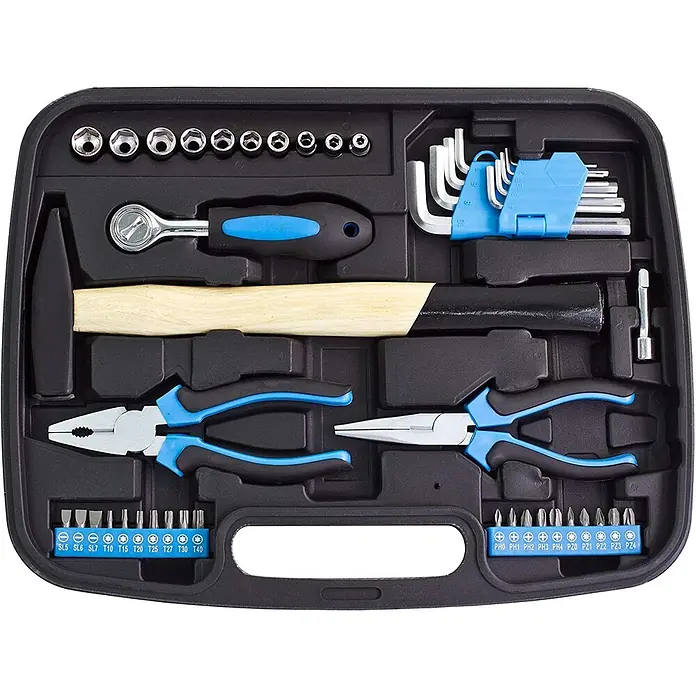 Karcher Werkzeugkoffer - 57 -tlg. - Schwarzer Werkzeugkoffer mit Hammer, Zangen, Ratsche, Steckschlüsseln, Inbusschlüsseln und Bits mit blauen Akzenten.