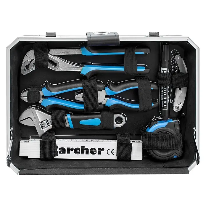 Karcher Werkzeugkoffer - L x B x H: 27 x 35,5 x 13,5 cm, 114 -tlg. - Offener silberner Karcher Werkzeugkoffer mit Zangen, Schraubenschlüssel, Maßband, Zollstock und weiteren Tools mit blauschwarzen Griffen, mit Gurten gesichert.
