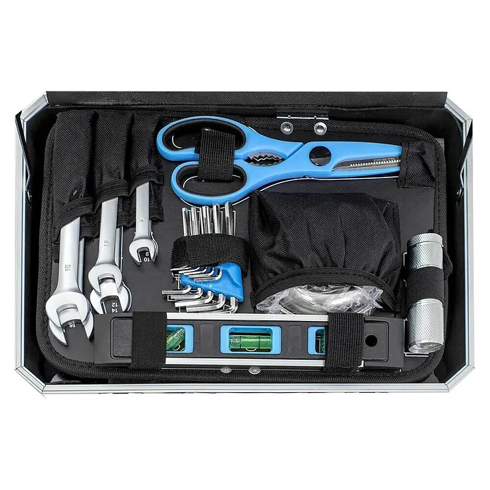 Karcher Werkzeugkoffer - L x B x H: 27 x 35,5 x 13,5 cm, 114 -tlg. - Offener Werkzeugkoffer mit Schraubenschlüsseln, Inbusschlüsseln, blauer Schere, Wasserwaage und Taschenlampe, ordentlich in schwarzem Interieur organisiert.